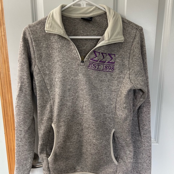 Tri Sigma Sorority Cozy Gray and Cream Quarter-Zip Sweater - Picture 1 of 4